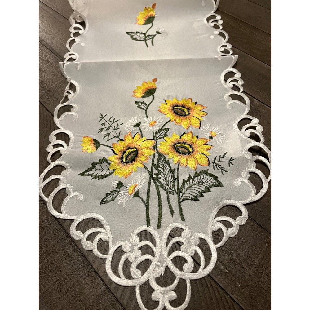 Embroidered Sunflower Table Runner White Cutwork Floral Daisy Summer Decor